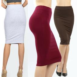 Skirt Cotton Stretch Elastic Waist High Waisted Knee Length 